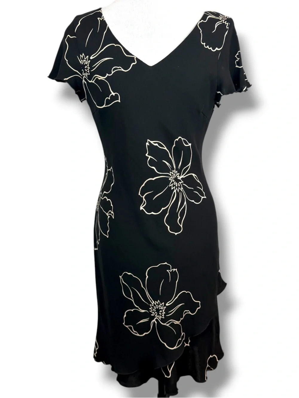 SL Fashions Black Floral Embroidered Midi Dress V Neck Ruffle Hem Y2K Cocktail